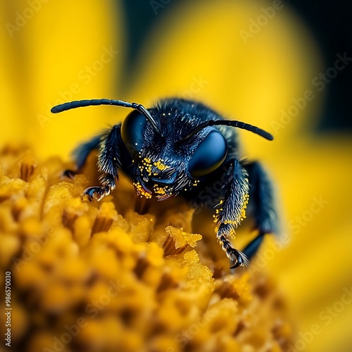 Macro shot of a black bee collecting pollen on a yellow flower