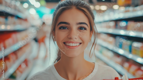 Smiling female customer on the background of the store, Sale, discounts, Black Friday, Shopping spree, In-store promotion, Clearance aisle