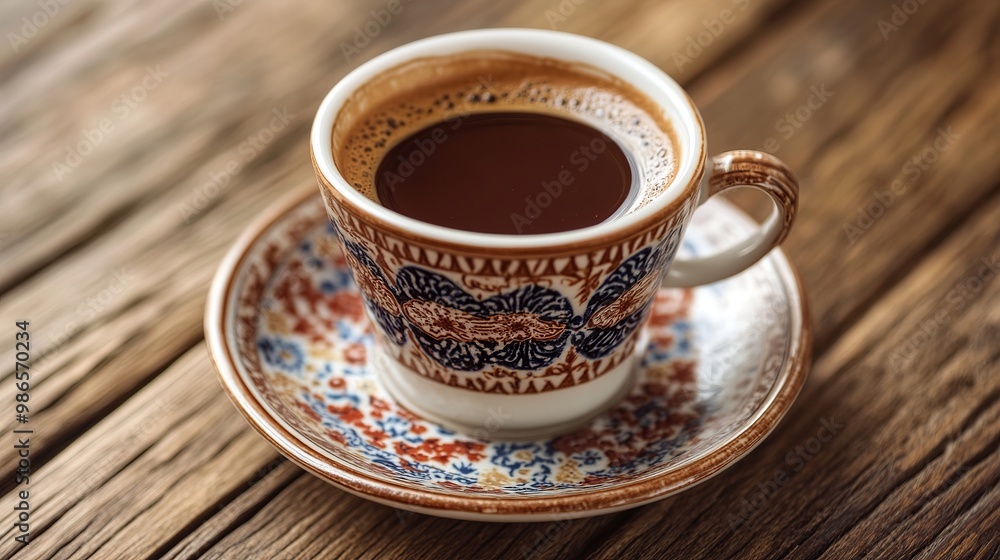 A cup of traditional Turkish coffee sits on a table made of wood. A cup of traditional Turkish coffee sits on a table made of wood.