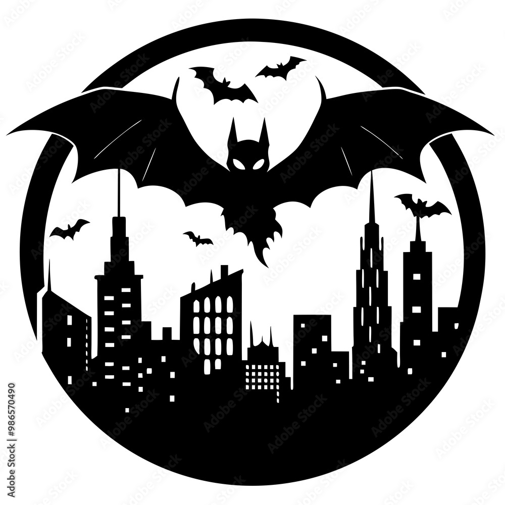 Silhouette of Bat Flying Over Cityscape with Full Moon Vector Art Silhouette of Bat Flying Over Cityscape with Full Moon Vector Art