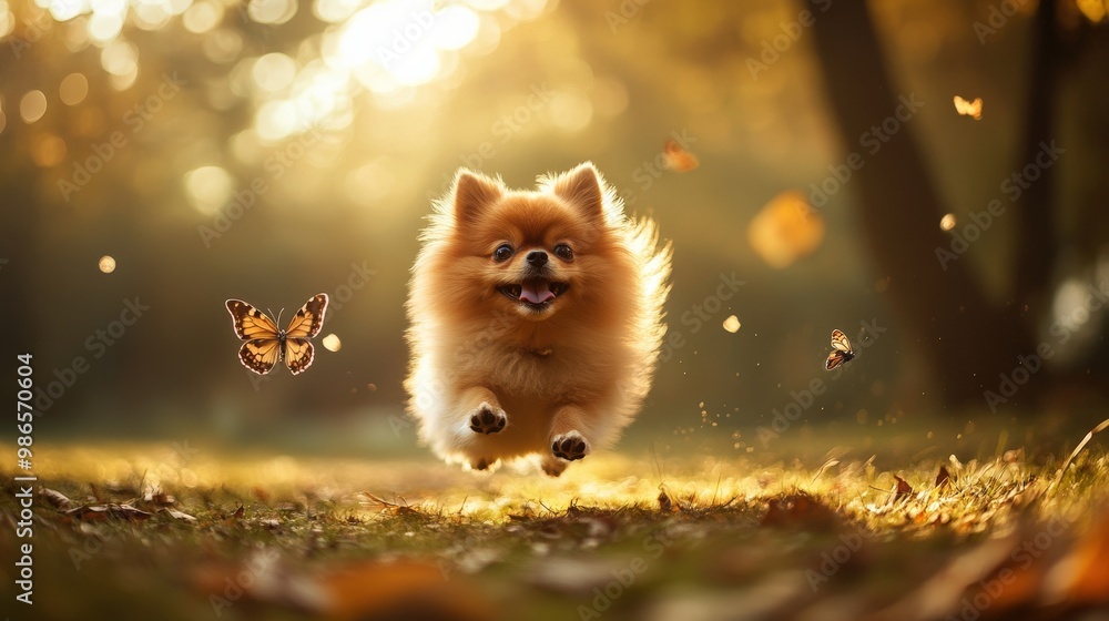 In a picturesque park, a fluffy Pomeranian energetically pursues colorful butterflies among fallen leaves, capturing the essence of playful joy in autumn In a picturesque park, a fluffy Pomeranian energetically pursues colorful butterflies among fallen leaves, capturing the essence of playful joy in autumn