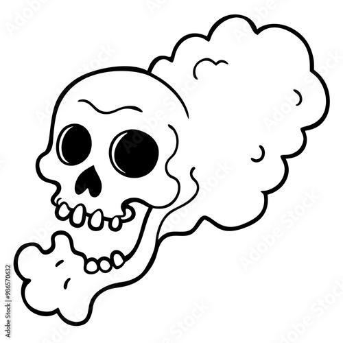 Line Art Vector Floating Skull with Most Emitting from Its Mouth