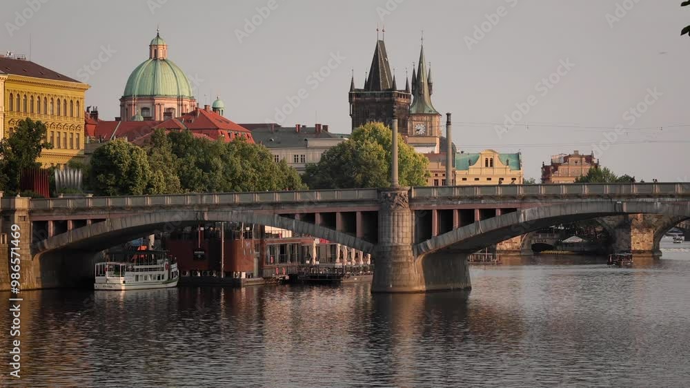Scenic view of the Old Town pier architecture and Bridge over Vltava river in Prague, Czech Republic Scenic view of the Old Town pier architecture and Bridge over Vltava river in Prague, Czech Republic