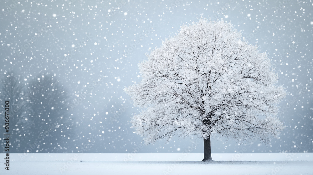 Snow-covered tree in winter field with falling snow Snow-covered tree in winter field with falling snow