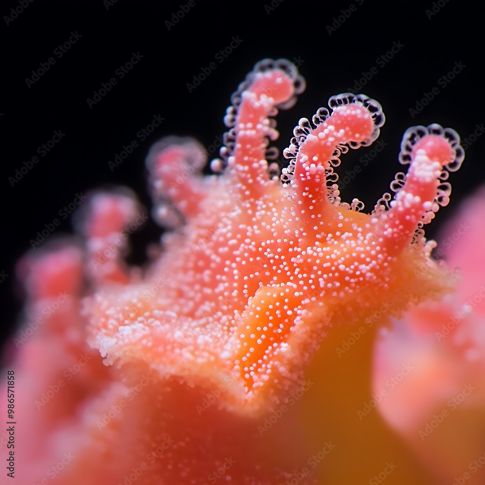 Close up of a pink and orange coral polyp with tentacles Close up of a pink and orange coral polyp with tentacles
