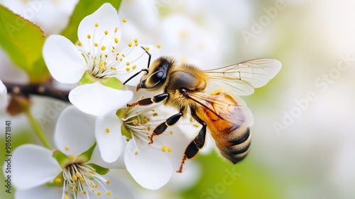 A honey bee rests on a white flower in Germany.