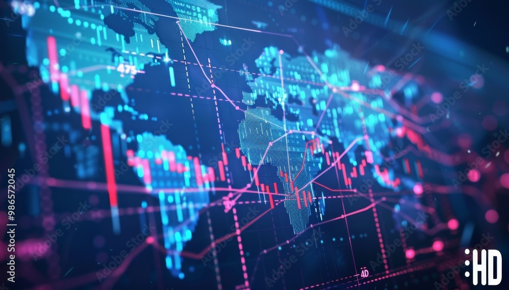 A digital map of the world with stock market candlestick charts on it, on a dark blue background, A digital map of the world with stock market candlestick charts on it, on a dark blue background,