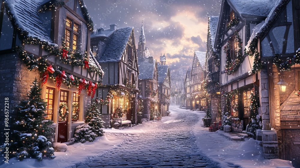 Fototapeta premium A festive winter scene of a European street lined with charming houses, adorned with Christmas decorations. Snow gently falls, creating a magical atmosphere perfect for a greeting card.