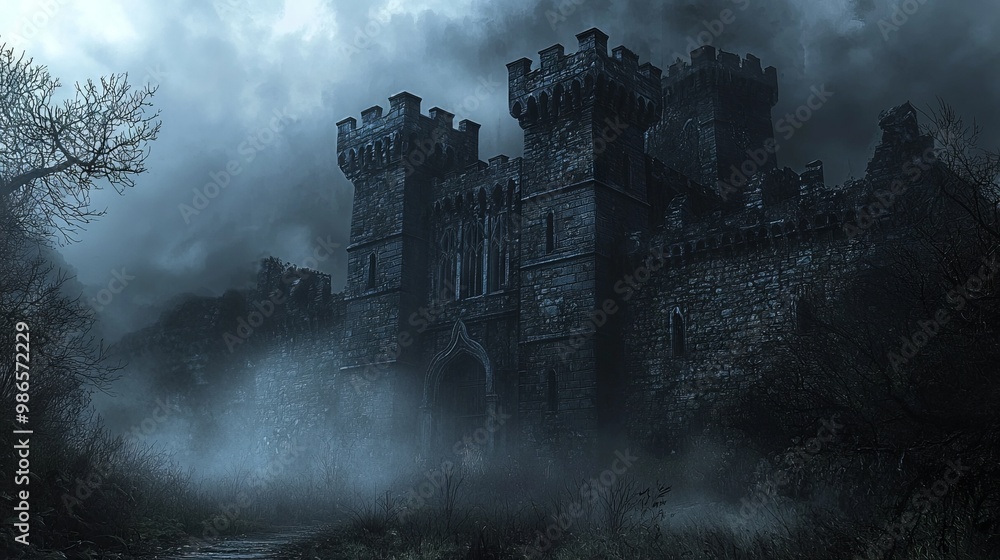 Haunting 3D Render of Abandoned Castle in Thick Fog - Eerie Atmospheric Setting