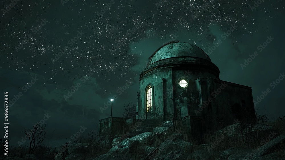 Eerie 3D Render of Haunted Observatory with Flickering Lights and Dark Skies - Spooky Atmospheric Scene for Halloween Concepts