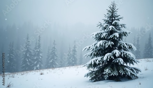 Snow-covered pine tree in a misty winter landscape with soft snowfall