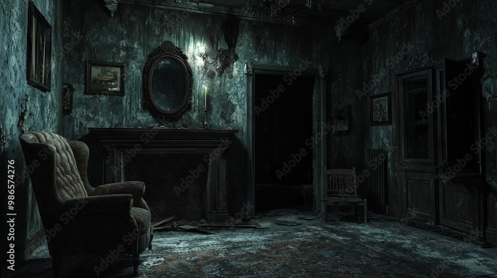 Abandoned Haunted Mansion: Creepy 3D Scene with Sinister Ambiance, Cracked Mirrors, and Dusty Furniture Abandoned Haunted Mansion: Creepy 3D Scene with Sinister Ambiance, Cracked Mirrors, and Dusty Furniture