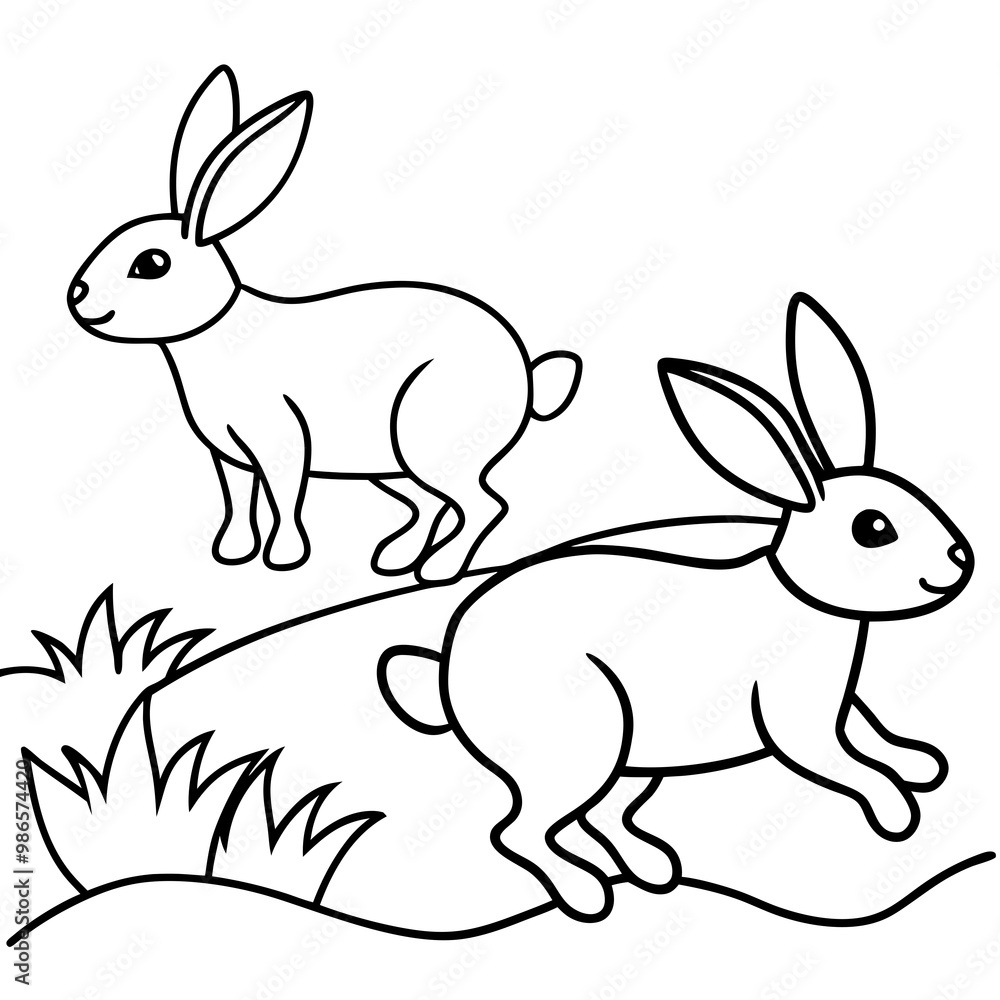 Obraz premium Line Art of Hopping Rabbits with Perked Ears in a Field Vector