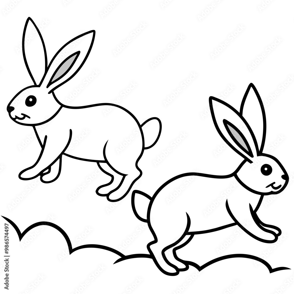 Obraz premium Line Art of Hopping Rabbits with Perked Ears in a Field Vector