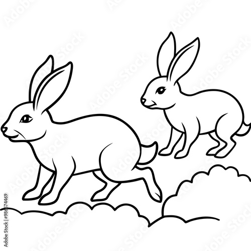 Line Art of Hopping Rabbits with Perked Ears in a Field Vector