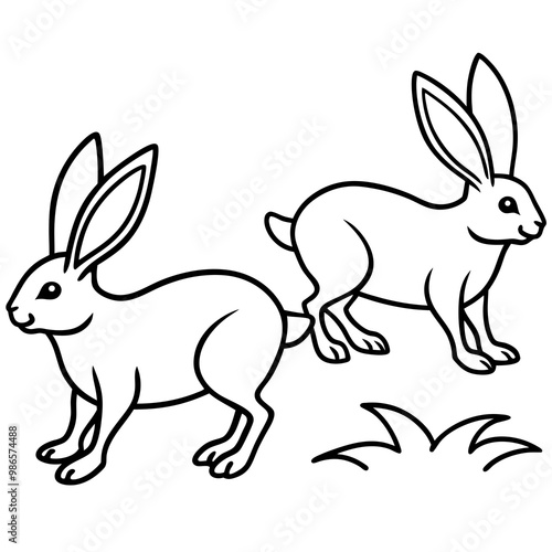 Line Art of Hopping Rabbits with Perked Ears in a Field Vector