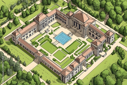 Aerial view of a large estate with a central courtyard and swimming pool