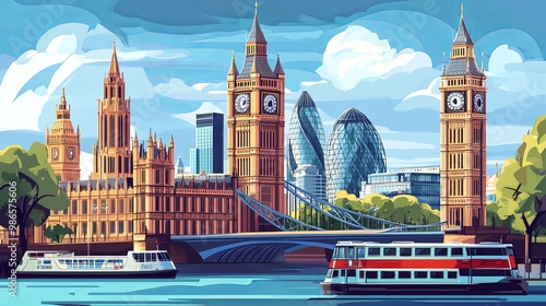 A picture of London's famous landmarks: Tower Bridge, Trafalgar Square, and Big Ben. The illustration shows a city skyline and is made up of different images.