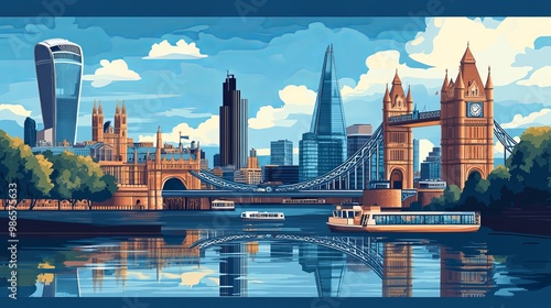 A picture of London's famous landmarks: Tower Bridge, Trafalgar Square, and Big Ben. The illustration shows a city skyline and is made up of different images.