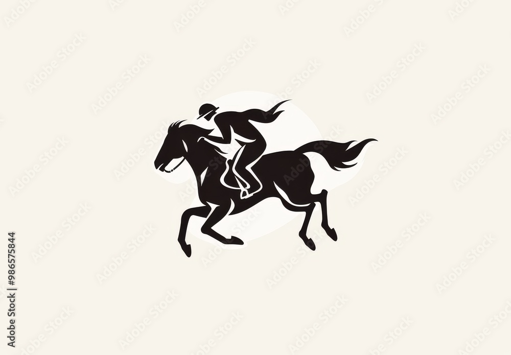 A minimalistic logo of a horse and jockey using simple shapes and clean lines with negative space. The monochrome design has a white background with a professional vector illustration style in the sty A minimalistic logo of a horse and jockey using simple shapes and clean lines with negative space. The monochrome design has a white background with a professional vector illustration style in the sty