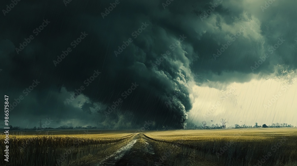 A massive dark cloud looms over the fields, unleashing a torrential downpour. A massive dark cloud looms over the fields, unleashing a torrential downpour.