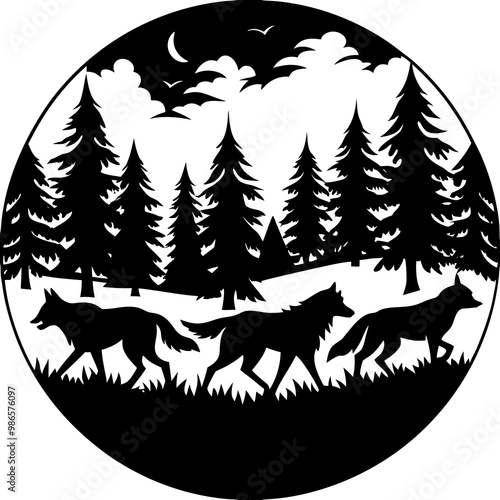 Wolf Pack Silhouette Running Through Dusk Forest Vector Art