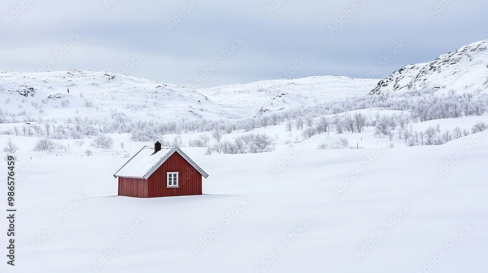 A small, isolated cabin stands amidst a snowy winter landscape in Tana, Norway. A small, isolated cabin stands amidst a snowy winter landscape in Tana, Norway.