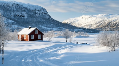 A small, isolated cabin stands amidst a snowy winter landscape in Tana, Norway.