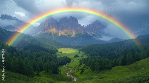 Vibrant rainbow over scenic mountain valley at sunset