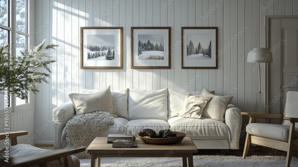 Fototapeta premium A simple living room with white walls and wood paneling. Picture frames with winter scenes add a touch of warmth.
