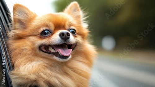 A lively Pomeranian dog joyfully leans out of a car window, soaking in the fresh air and sunshine during a carefree drive along a scenic road