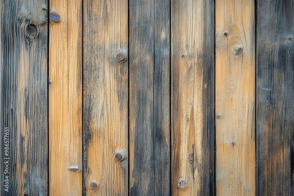 Fototapeta premium Weathered wooden fence with vertical planks, rustic and textured background