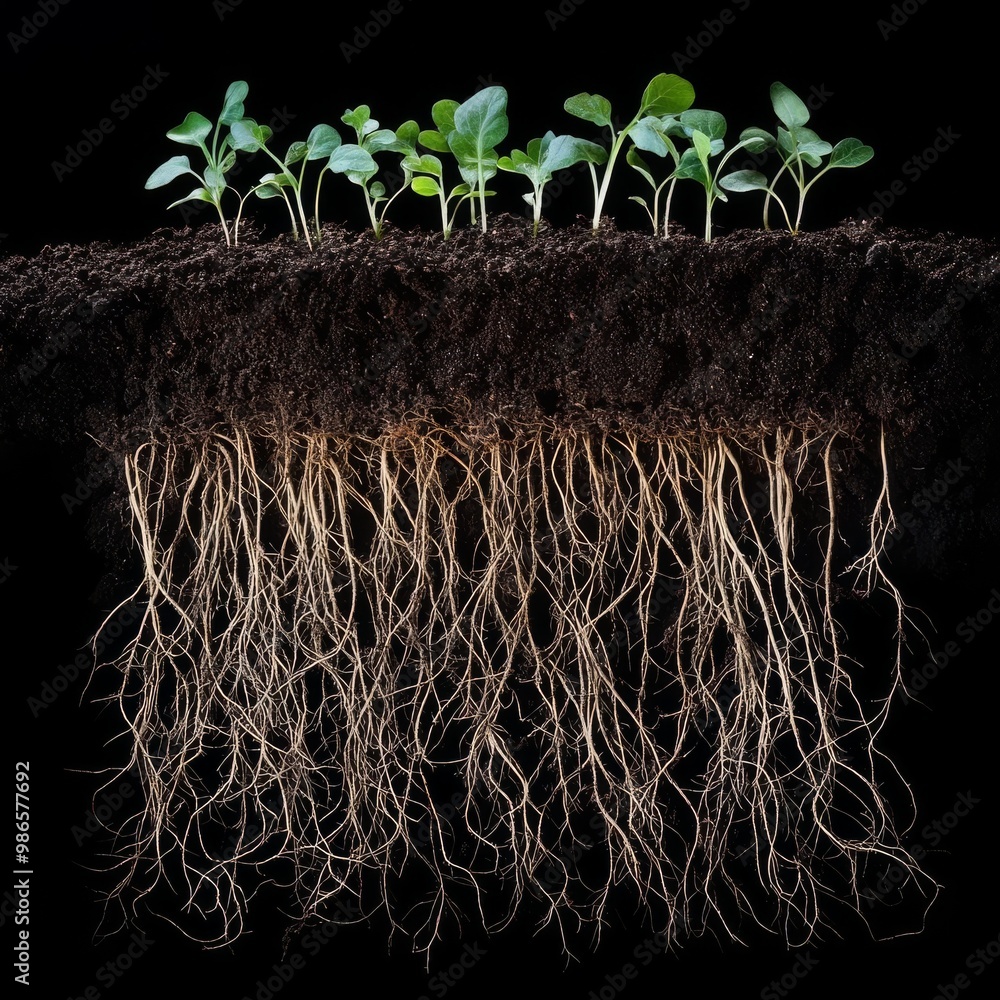 Cross-section of agricultural soil showing plant roots and microbial ...
