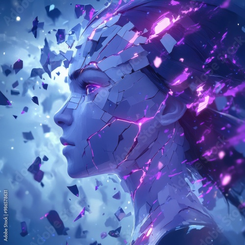 Fragmented digital face with glowing purple lights in surreal futuristic concept