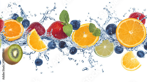 mixed fruits splashing into clear blue water, represents freshness and vitality, healthy living, hydration, and fruit-infused beverages