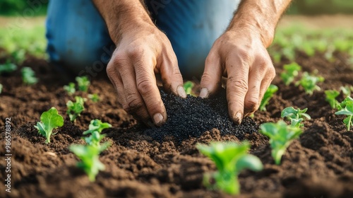 Farmer using biochar to enhance soil fertility, highlighting regenerative agriculture