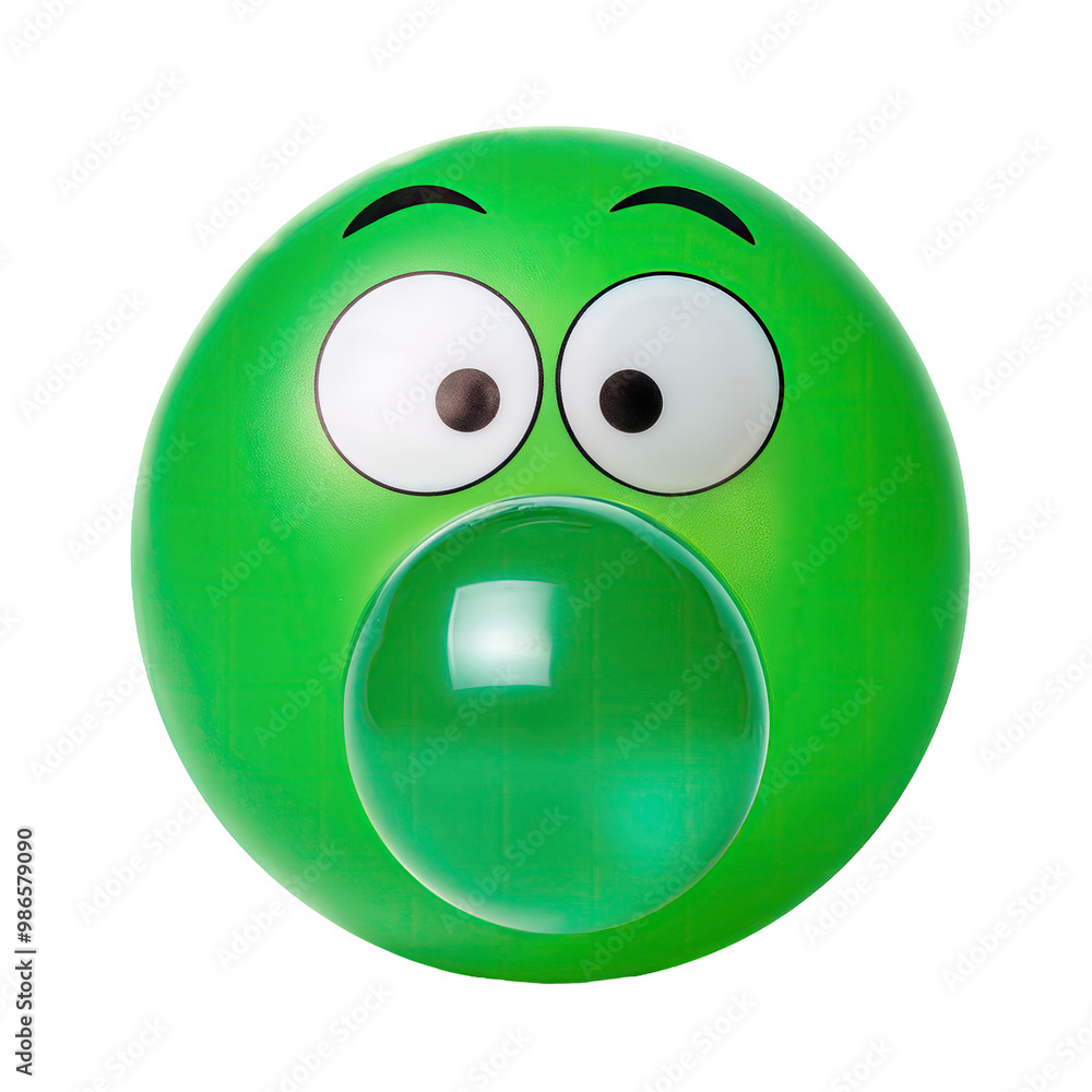 Fototapeta premium Green cartoon face blowing bubble