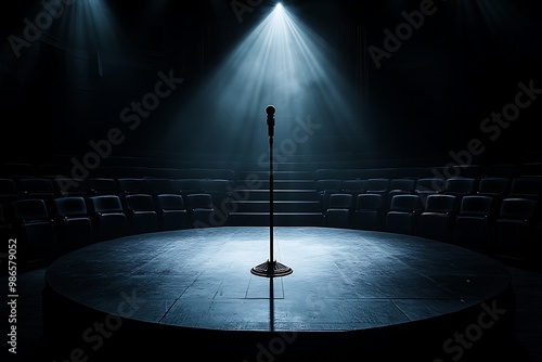 An empty stage with a microphone illuminated by a spotlight