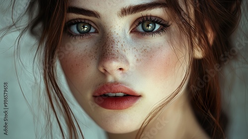 Close-up Portrait of a Woman with Freckles and Green Eyes