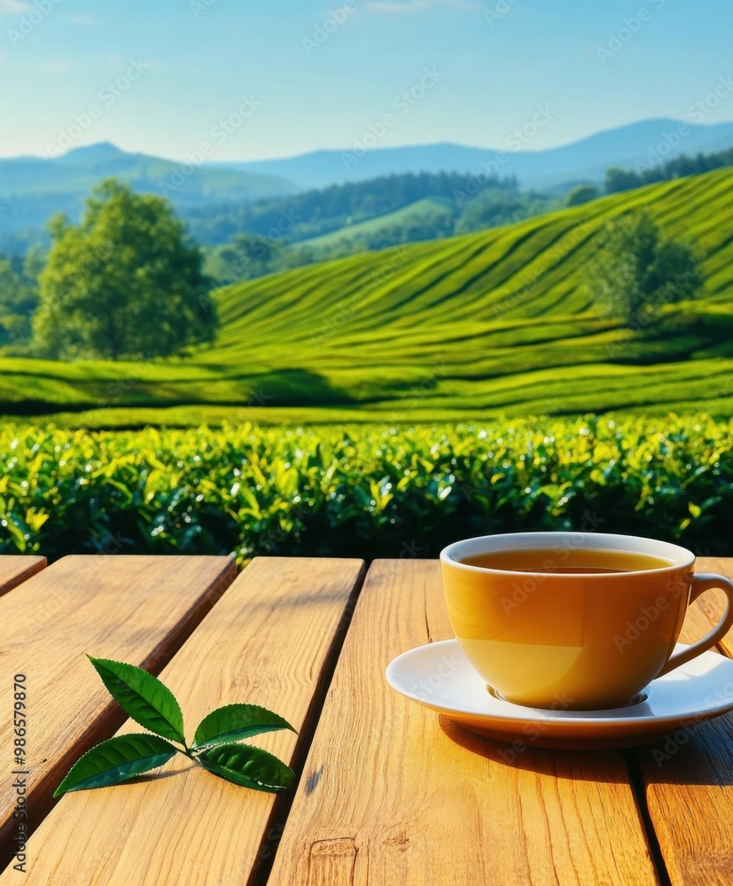 Scenic tea plantation with cup of tea on wooden table at sunrise Scenic tea plantation with cup of tea on wooden table at sunrise