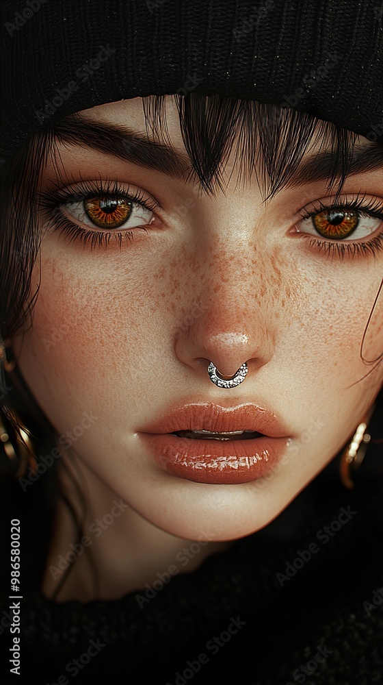 Close-up Portrait of a Woman with Freckles and a Nose Ring Close-up Portrait of a Woman with Freckles and a Nose Ring