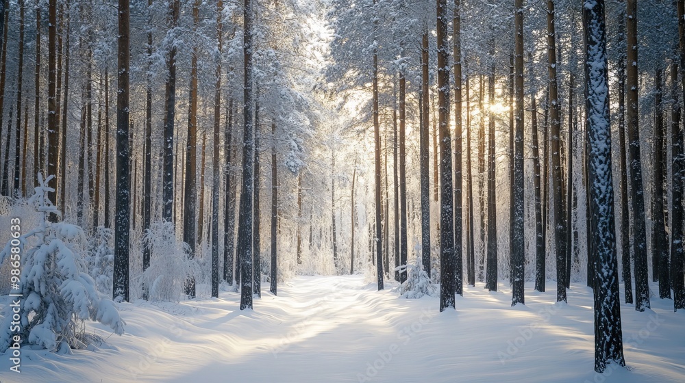 A wintery forest scene with snow-laden trees standing tall. A wintery forest scene with snow-laden trees standing tall.