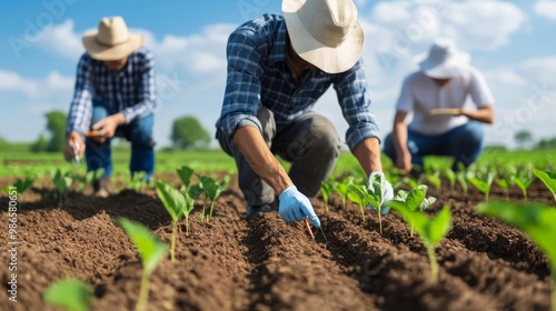 Farmers testing soil temperature for optimal seed germination, precision farming