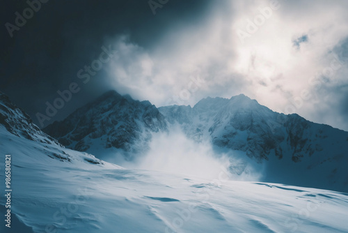 Snowy mountain peak under dramatic storm clouds