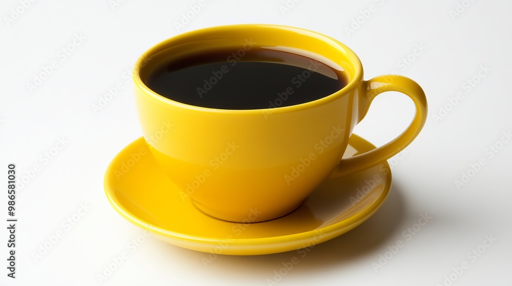 Obraz premium A yellow cup of hot coffee rests on a white background. Its dark liquid is visible within, and it features a helpful clipping path.
