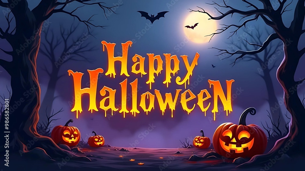 Happy Halloween, Spooky Night with Glowing Pumpkins, Bats, and Full Moon Happy Halloween, Spooky Night with Glowing Pumpkins, Bats, and Full Moon