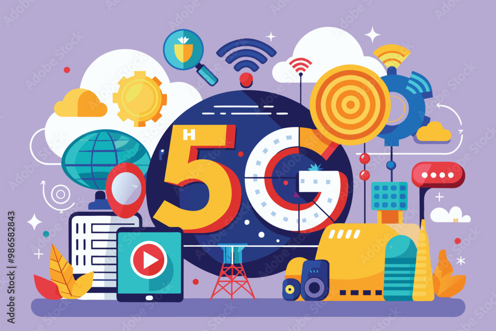 Naklejka premium The illustration showcases various elements of 5G internet technology, including signals and devices, 5g internet speed, flat illustration