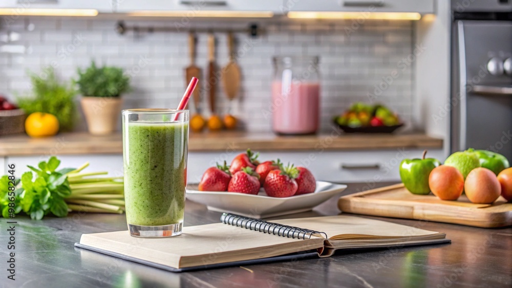 A healthy smoothie recipe book on a kitchen counter A healthy smoothie recipe book on a kitchen counter