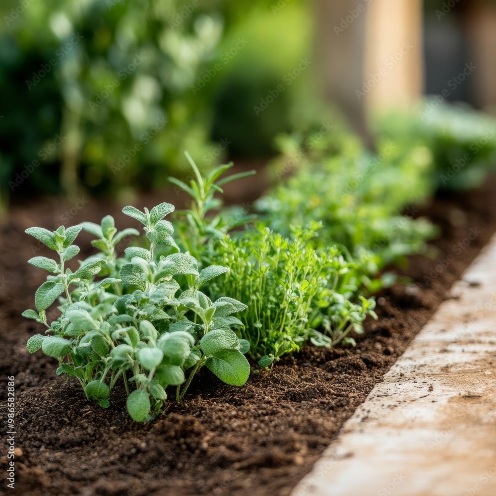 Fertile soil supporting a variety of herbs in an organic garden, promoting biodiversity Fertile soil supporting a variety of herbs in an organic garden, promoting biodiversity