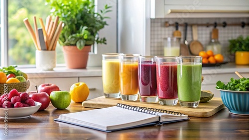 A healthy smoothie recipe book on a kitchen counter